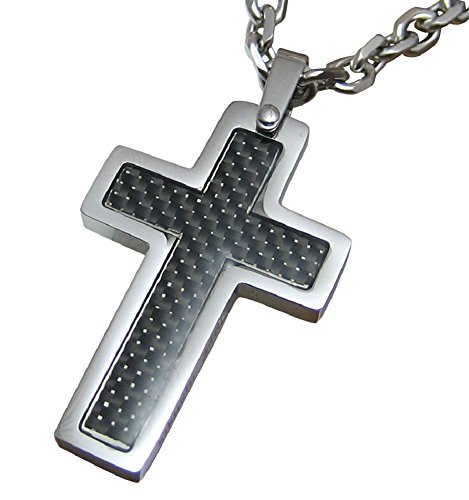 Kikuchi Männer Herren Halskette Kreuz Anhänger Karbon Schwarz Edelstahlkette 60cm HA15103 von KIKUCHI JEWELRY