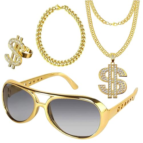 4 Stück Dollar Kette Set, Hip Hop Kostüm Accessories, Dollar Zeichen Halskette Ringe Sonnenbrille Goldkette, Hiphop Schmuck für 80s/90s Herren Fasching Karneval Party von KIKVTER
