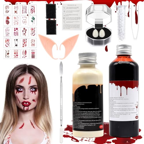 Kunstblut, Kunstblut Halloween, Kunstblut Künstliches Blut 100ml Latexmilch 60ml mit 2 Make up Schwamm und Spatel, Halloween Vampirzähne, Narbe Tattoo, Auswaschbar für Halloween Horror Zombie Schminke von KIKVTER