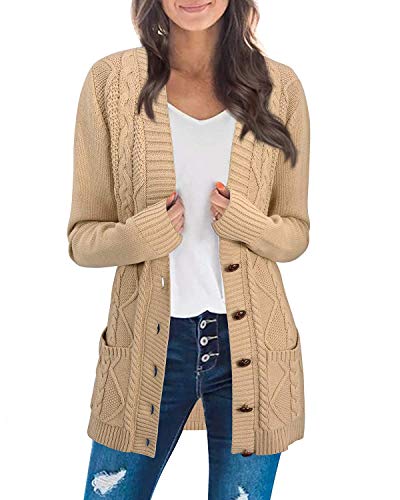 KILIG Damen Langarm Strickjacke Button Down Strick Cardigan Winter Casual Strickmantel mit Taschen（Aprikose,X-Groß von KILIG