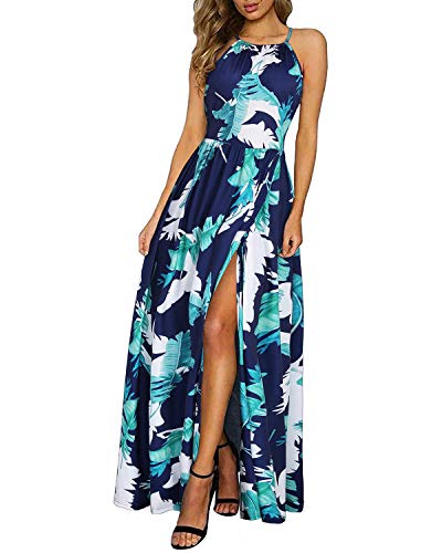 KILIG Sommerkleid Damen Lang Maxikleid Sommer Neckholder Elegant Kleid Hochzeitsgast Partykleid Schlitz Freizeitkleid (Floral-A,Large) von KILIG