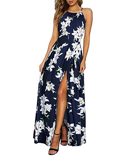 KILIG Sommerkleid Damen Lang Maxikleid Sommer Neckholder Elegant Kleid Hochzeitsgast Schlitz Freizeitkleid(Floral-B,Small) von KILIG