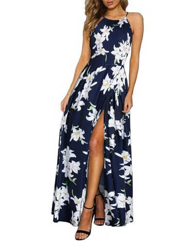 KILIG Maxikleider Damen Sommer Neckholder Sommerkleid Elegant Lang Maxi Kleid Hochzeitsgast Schlitz Freizeitkleid 2023 (Floral B, XX-Large) von KILIG