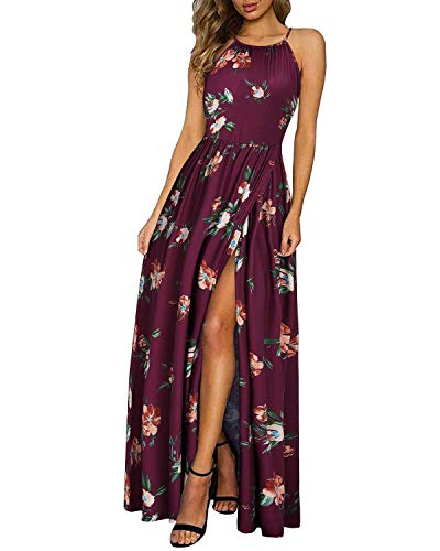 KILIG Maxikleid Damen Sommer Neckholder Sommerkleid Elegant Lang Maxi Kleid Hochzeitsgast Schlitz Freizeitkleid (Floral-C,Large) von KILIG