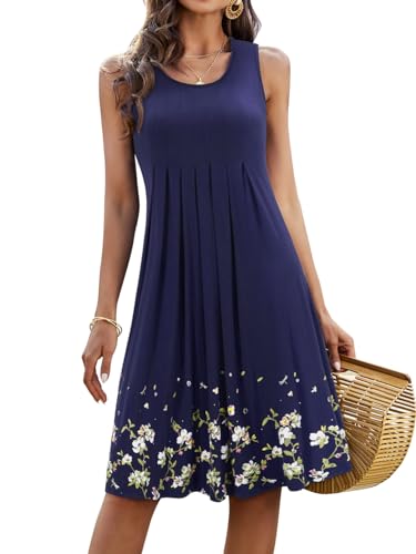 KILIG Sommerkleid Damen Strandkleid Midi Ärmellose Kleid Sommer Leicht Blumenkleid Freizeitkleid (Navy,XL) von KILIG