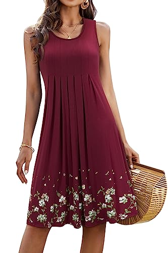 KILIG Sommerkleid Damen Strandkleid Midi Ärmellose Kleid Sommer Leicht Blumenkleid Freizeitkleid (Wine,XL) von KILIG