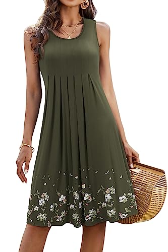 KILIG Sommerkleid Damen Strandkleid Midi Ärmellose Kleid Sommer Leicht Blumenkleid Freizeitkleid (Army,XL) von KILIG