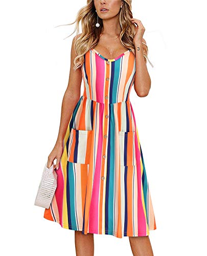 KILIG Sommerkleid Damen Knielang Ärmellos/Langarm Kleid Sommer Spaghettiträger Kleider Freizeitkleider mit Taschen von KILIG