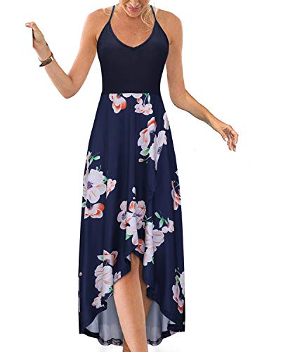 KILIG Sommerkleid Damen Spaghettiträger Kleid Vokuhila Maxikleider Damen Sommer V-Ausschnitt Freizeitkleid Blumen-1 von KILIG