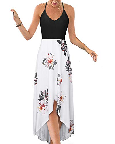 KILIG Sommerkleid Damen Spaghettiträger Kleid Vokuhila Maxikleider Damen Sommer V-Ausschnitt Freizeitkleid Blumen-3 von KILIG