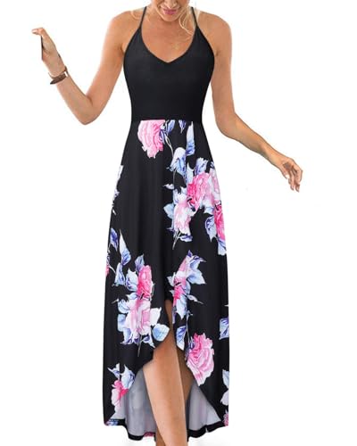 KILIG Sommerkleid Damen Spaghettiträger Kleid Vokuhila Maxikleider Damen Sommer V-Ausschnitt Freizeitkleid Blumen-4 von KILIG