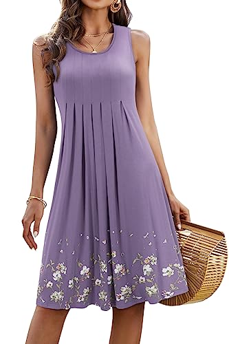 KILIG Frauen 2023 Sommer Casual Kleider Lose Print Plissiert Ärmellos Midi Weste Kleider für Strand Hochzeit Party (A1-Light Purple,S) von KILIG