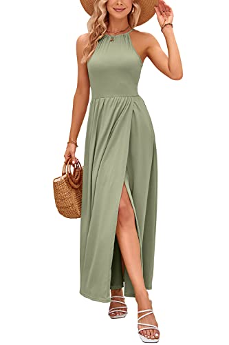 KILIG Maxikleid Damen Sommer Neckholder Sommerkleid Elegant Lang Maxi Kleid Hochzeitsgast Schlitz Freizeitkleid (Bean Green,L) von KILIG