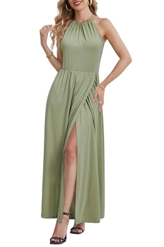 KILIG Maxikleid Damen Sommer Neckholder Sommerkleid Elegant Lang Maxi Kleid Hochzeitsgast Schlitz Freizeitkleid (Bean Green,L) von KILIG