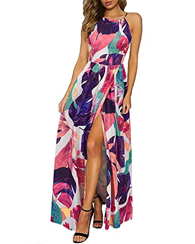 KILIG Sommerkleid Damen Lang Maxikleid Neckholder Elegant Sommer Kleid Hochzeitsgast Partykleid Schlitz Freizeitkleid (Floral-O,Small) von KILIG