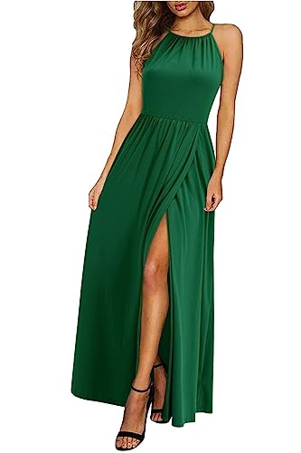 KILIG Sommerkleid Damen Lang Maxikleid Sommer Neckholder Elegant Kleid Hochzeitsgast Partykleid Schlitz Freizeitkleid (Dark Green,L) von KILIG