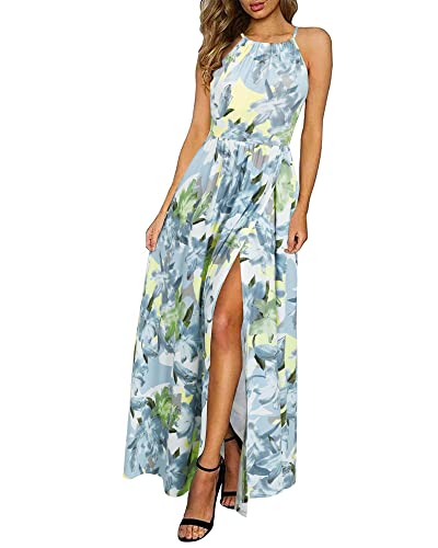 KILIG Sommerkleid Damen Lang Maxikleid Sommer Neckholder Elegant Kleid Hochzeitsgast Schlitz Freizeitkleid (Floral V, Small) von KILIG