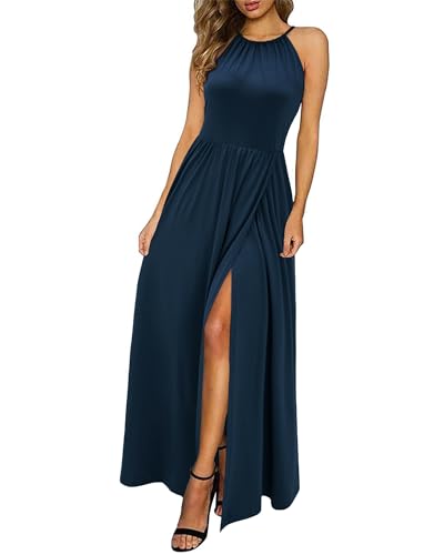 KILIG Maxikleid Damen Sommer Neckholder Sommerkleid Elegant Lang Kleid Hochzeitsgast Partykleid Schlitz Freizeitkleid (Navy,M) von KILIG