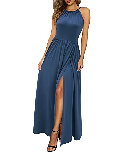 KILIG Maxikleid Damen Sommer Neckholder Sommerkleid Elegant Lang Kleid Hochzeitsgast Partykleid Schlitz Freizeitkleid (Navy,XL) von KILIG
