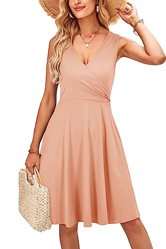 KILIG Sommerkleid Damen A-Linie Kleider Sommer Knielang V-Ausschnitt Kleid Freizeitkleid (Pink,M) von KILIG