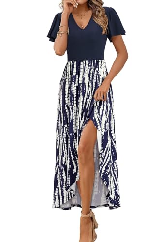 KILIG Sommerkleid Damen Lang Kleid Kurzarm Maxikleid Damen Sommer V Ausschnitt Vokuhila Freizeitkleid von KILIG