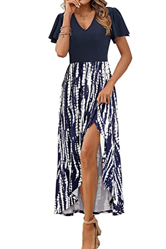 KILIG Sommerkleid Damen Lang Kleid Kurzarm Maxikleid Sommer V Ausschnitt Vokuhila Freizeitkleid von KILIG