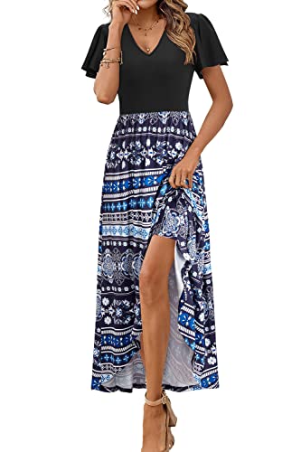 KILIG Sommerkleid Damen Lang Kleid Kurzarm Maxikleid Sommer V Ausschnitt Vokuhila Freizeitkleid von KILIG