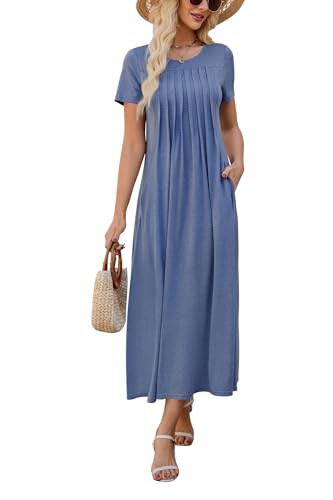 KILIG Sommerkleid Damen Lang Pleated Kurzarm Sommer Kleider Maxikleid Casual Strand Party Freizeitkleid Blue 01, XL von KILIG