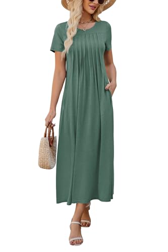 KILIG Sommerkleid Damen Lang Pleated Kurzarm Sommer Kleider Maxikleid Casual Strand Party Freizeitkleid Green, L von KILIG