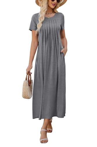 KILIG Sommerkleid Damen Lang Pleated Kurzarm Sommer Kleider Maxikleid Casual Strand Party Freizeitkleid Grey, S von KILIG