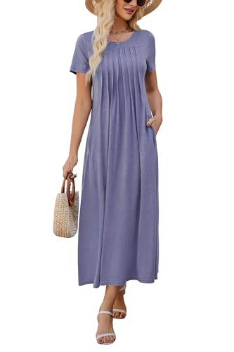 KILIG Sommerkleid Damen Lang Pleated Kurzarm Sommer Kleider Maxikleid Casual Strand Party Freizeitkleid Navy, L von KILIG