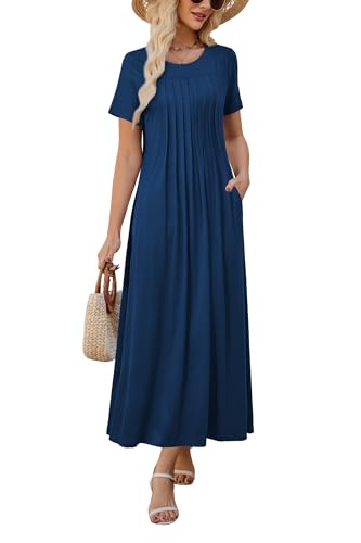 KILIG Sommerkleid Damen Lang Pleated Kurzarm Sommer Kleider Maxikleid Casual Strand Party Freizeitkleid Navy Blue, L von KILIG