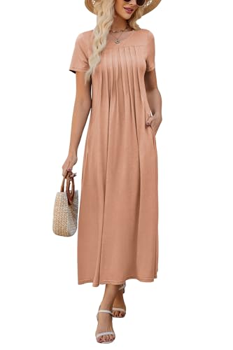 KILIG Sommerkleid Damen Lang Pleated Kurzarm Sommer Kleider Maxikleid Casual Strand Party Freizeitkleid Orange, XXL von KILIG
