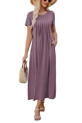 KILIG Sommerkleid Damen Lang Pleated Kurzarm Sommer Kleider Maxikleid Casual Strand Party Freizeitkleid Purple Red, XXL von KILIG