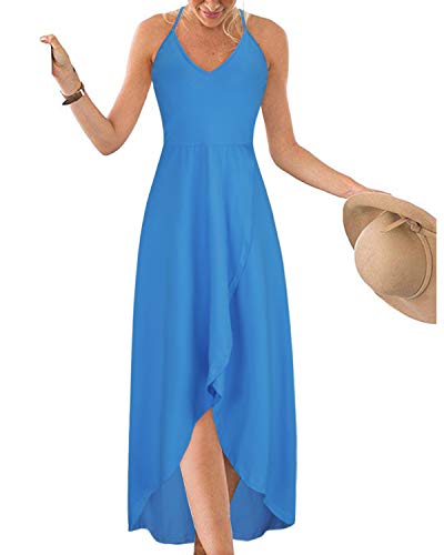 KILIG Sommerkleid Damen Spaghettiträger Kleid Vokuhila Maxikleider Damen Sommer V-Ausschnitt Freizeitkleid Blau von KILIG