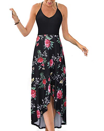 KILIG Sommerkleid Damen Spaghettiträger Kleid Vokuhila Maxikleider Damen Sommer V-Ausschnitt Freizeitkleid Blumen-2 von KILIG