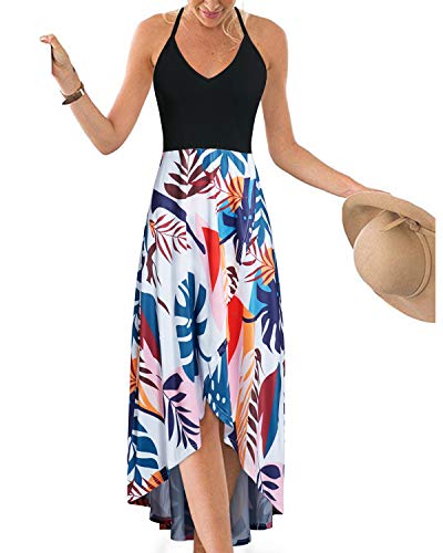 KILIG Sommerkleid Damen Spaghettiträger Kleid Vokuhila Maxikleider Damen Sommer V-Ausschnitt Freizeitkleid Blumen-7 von KILIG