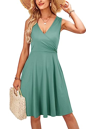 KILIG Sommerkleid Damen A-Linie Kleider Sommer Knielang V-Ausschnitt Kleid Freizeitkleid (Light Green,M) von KILIG