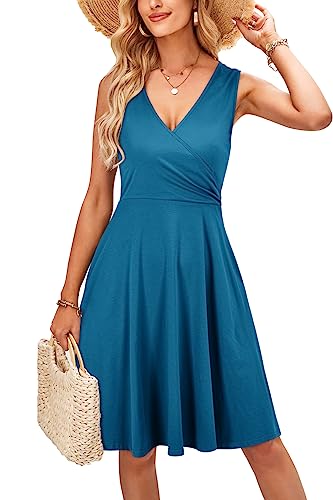 KILIG Sommerkleid Damen A-Linie Kleider Sommer Knielang V-Ausschnitt Kleid Freizeitkleid (Peacock Blue,XL) von KILIG