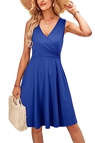 KILIG Sommerkleid Damen A-Linie Kleider Sommer Knielang V-Ausschnitt Kleid Freizeitkleid (Royal Blue,L) von KILIG