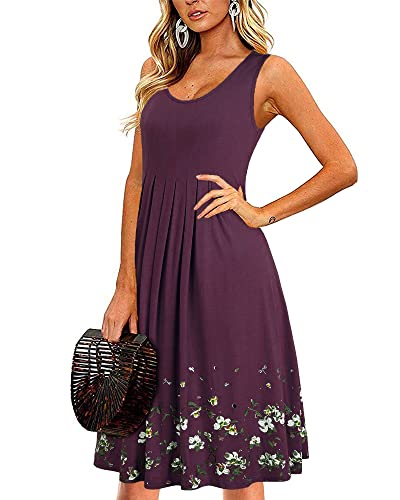 KILIG Sommerkleid Damen Strandkleid Midi Ärmellose Kleid Sommer Leicht Blumenkleid Freizeitkleid (Dark Purple,S) von KILIG