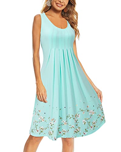 KILIG Sommerkleid Damen Strandkleid Midi Ärmellose Kleid Sommer Leicht Blumenkleid Freizeitkleid (Light Green,XL) von KILIG