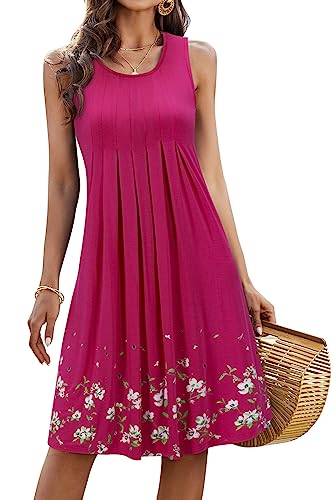 KILIG Sommerkleid Damen Strandkleid Midi Ärmellose Kleid Sommer Leicht Blumenkleid Freizeitkleid (Rose,M) von KILIG