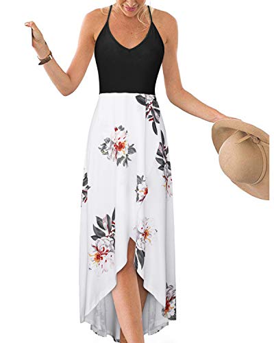 KILIG Sommerkleid Damen Spaghettiträger Kleid Vokuhila Maxikleider Damen Sommer V-Ausschnitt Freizeitkleid Blumen-3 von KILIG