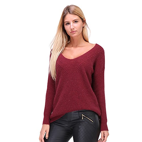 KILKY Damen Lurex Pullover V-Ausschnitt Strickpullover Herbst Winter Frankreich - One Size - Rot/Bordeaux (One Size, Bordeaux) von KILKY