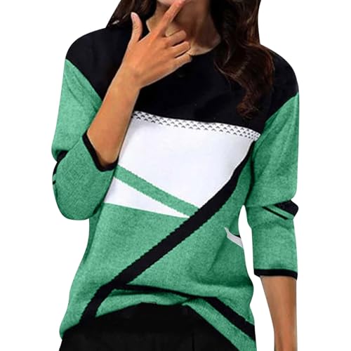 Damen Pullover Pullover Damen Langarm Sweatshirt Basic Rundhals Langarmshirt geometrischem Druck Longshirt Lose Casual Oberteil Winter Baumwolle Pulli (a-Green, L) von KILOXYEFRO