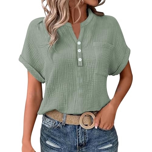 KILOXYEFRO Damen Bluse Kurzarm Musselin Bluse Damen Elegant Tuniken Sommer V-Ausschnitt Oberteile Kurzarm Leinenbluse Longbluse Oversized Hemdbluse Lässig Leinen Hemd M von KILOXYEFRO