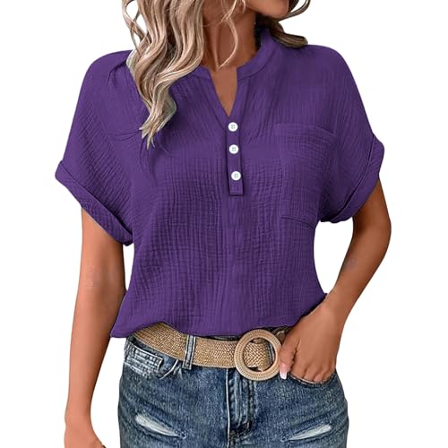 KILOXYEFRO Damen Bluse Kurzarm Musselin Bluse Damen Elegant Tuniken Sommer V-Ausschnitt Oberteile Kurzarm Leinenbluse Longbluse Oversized Hemdbluse Lässig Leinen Hemd S KILOXYEFRO Damen Bluse Kurzarm Musselin Bluse Damen Elegant Tuniken Sommer V-Ausschnitt Oberteile Kurzarm Leinenbluse Longbluse Oversized Hemdbluse Lässig Leinen Hemd S von KILOXYEFRO