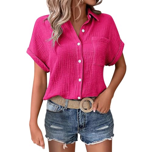 KILOXYEFRO Damen Hemd Musselin Bluse Damen Elegant Tuniken Sommer V-Ausschnitt Oberteile Kurzarm Leinenbluse Longbluse Oversized Hemdbluse Lässig Leinen Hemd 3XL von KILOXYEFRO