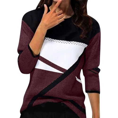 KILOXYEFRO Rollkragenpullover Damen Pullover Damen Langarm Sweatshirt Basic Rundhals Langarmshirt geometrischem Druck Longshirt Lose Casual Oberteil Winter Baumwolle Pulli (b-Wine, XL) von KILOXYEFRO
